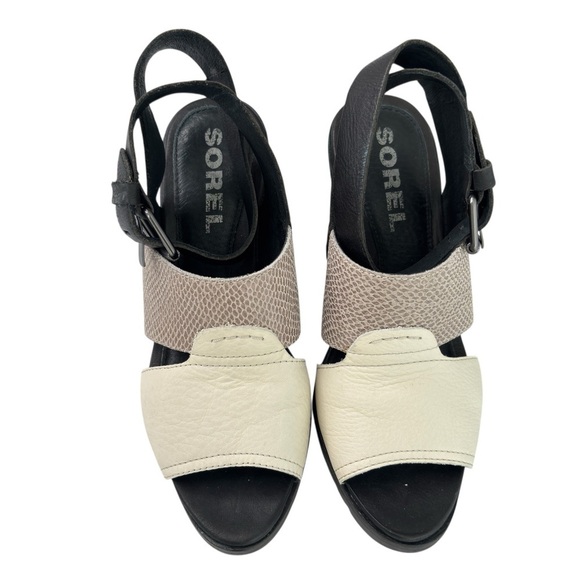 Sorel After Hours Sandal Comfy Strappy Wedge in Black White Grey Leather Size 9 - Picture 9 of 14